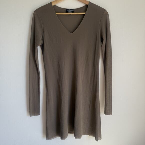 PETIT POIS by Viviana G Taupe Brown Nylon Mesh Mini Dress M Long Sleeve Bodycon - Picture 1 of 7